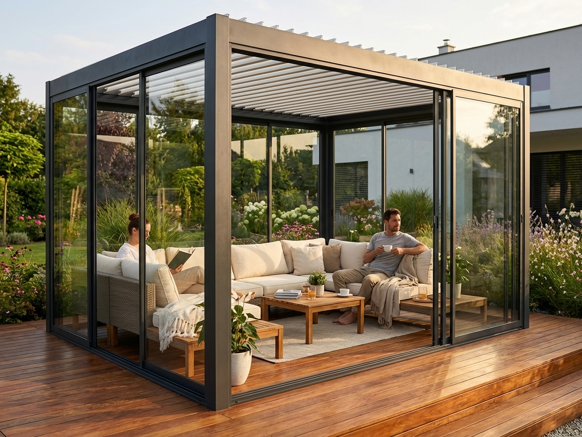 Black Aluminium Pergola Gazebo with sliding doors for outdoor use - view 3