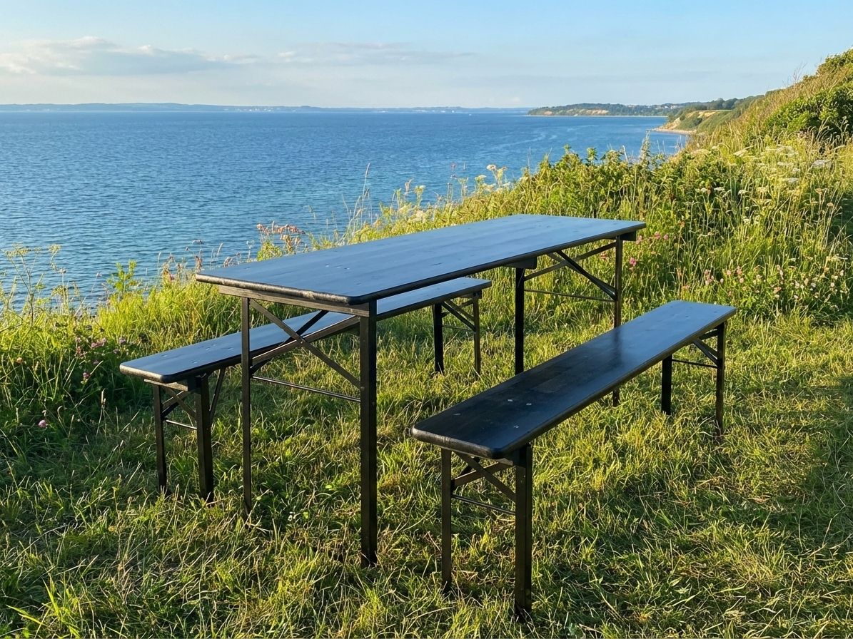 Black beer table set with pinewood top and steel frame