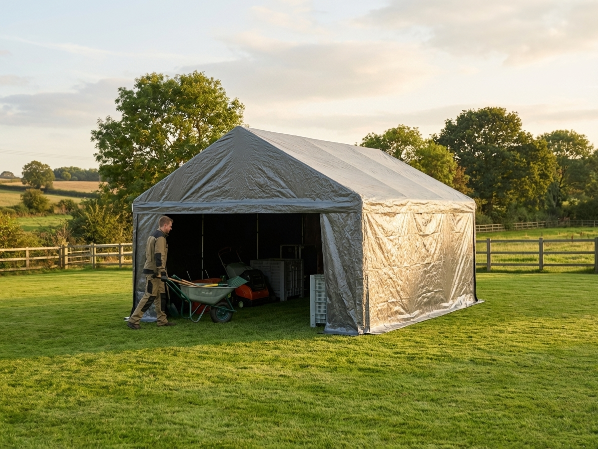 Grey storage tent 4x8m with PE tarpaulin and steel frame