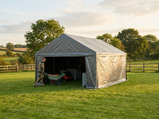 Grey storage tent 4x8m with PE tarpaulin and steel frame
