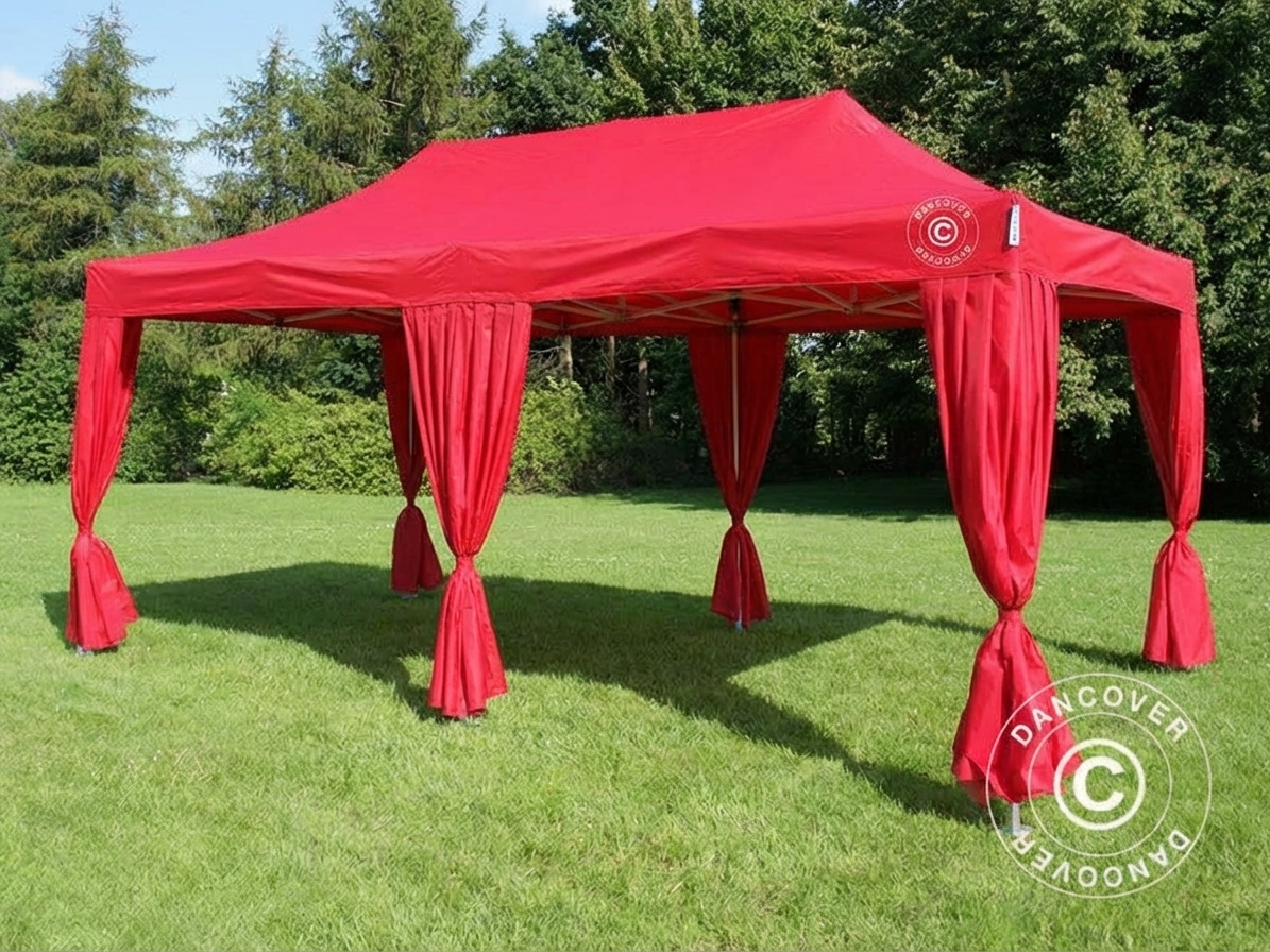 Red curtain panels for event tents made from polyester