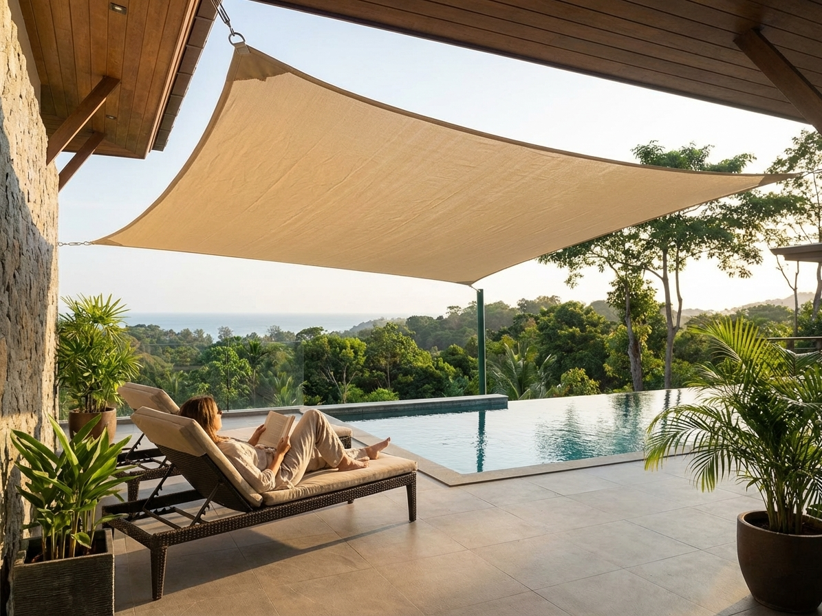 Sun shade sail in sand colour, 5x5 m, outdoor waterproof polyester - product detail