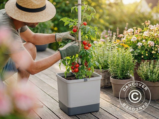 Light grey garden planter with stake and water tank - product detail