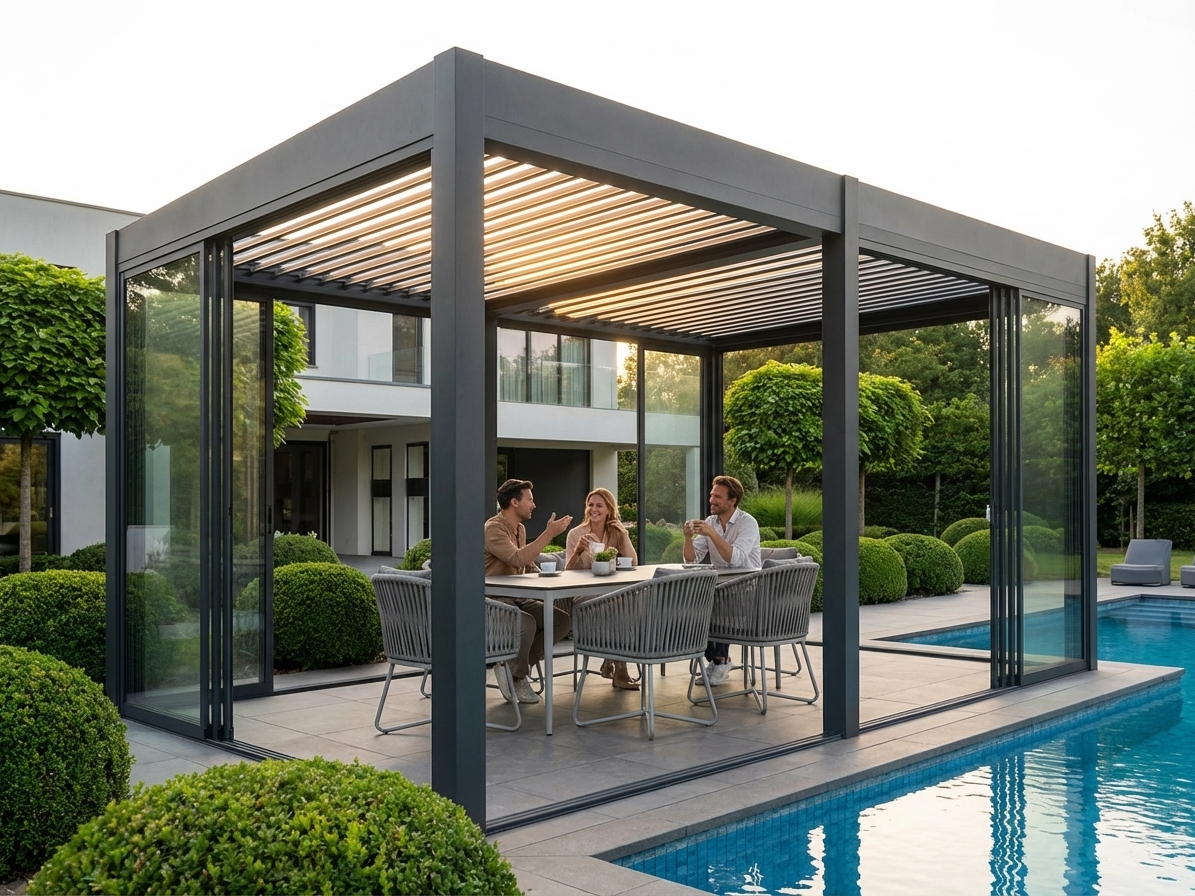 Black aluminium pergola gazebo with sliding glass doors - product detail