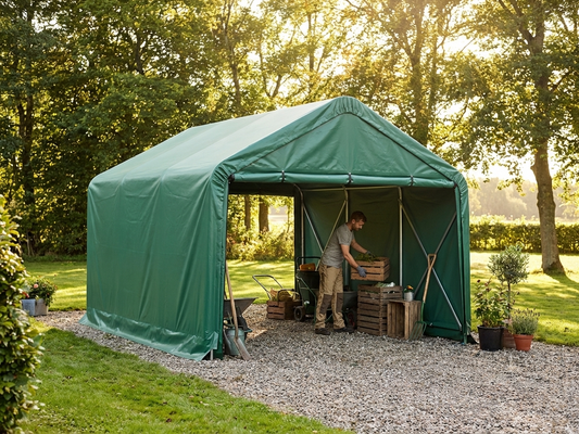 Green PVC roof cover for a 6x6m storage shelter