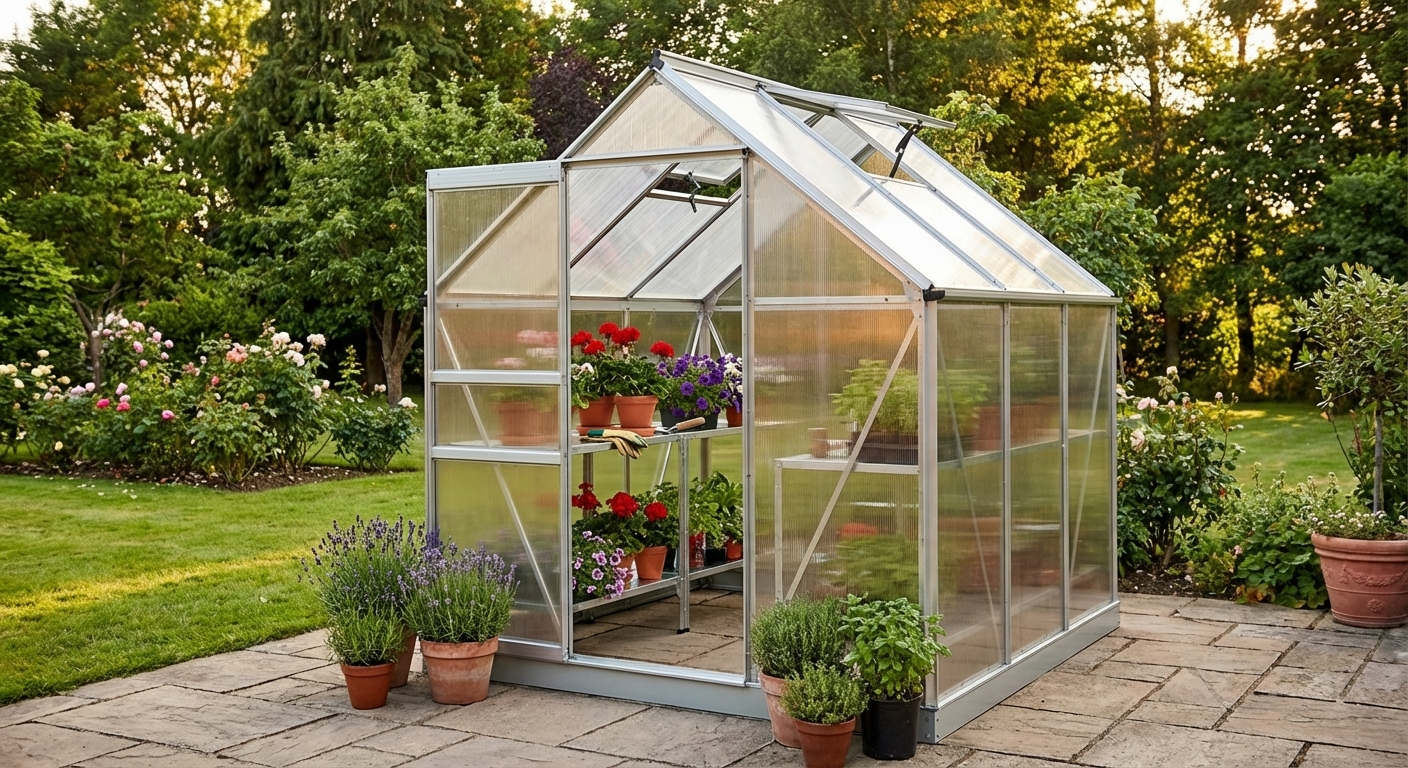 Polycarbonate greenhouse with silver aluminium frame
