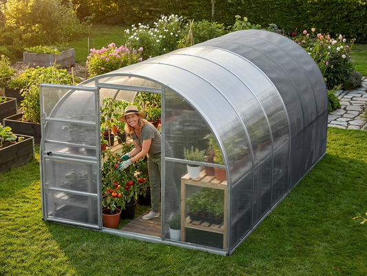 Greenhouse extension made from polycarbonate and steel in silver