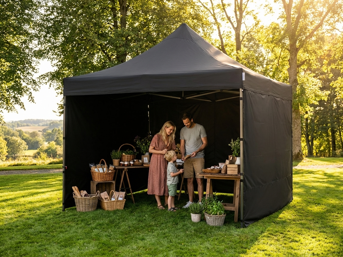 Black pop-up gazebo 4x4 m with flame retardant steel frame