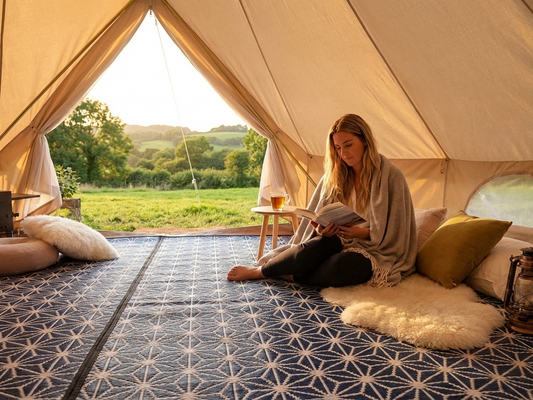 Blue and white bell tent matting for camping