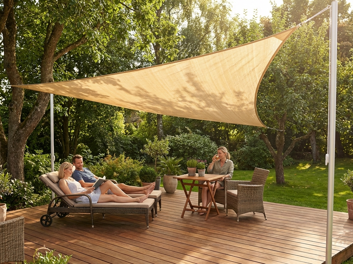 Sand coloured sun sail providing outdoor shade - view 3
