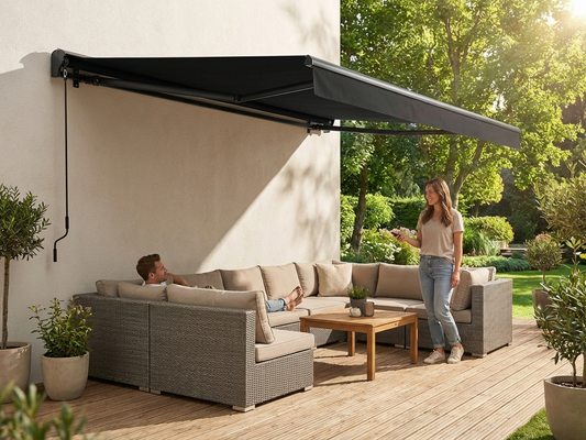 Black awning with remote control for outdoor use - product detail