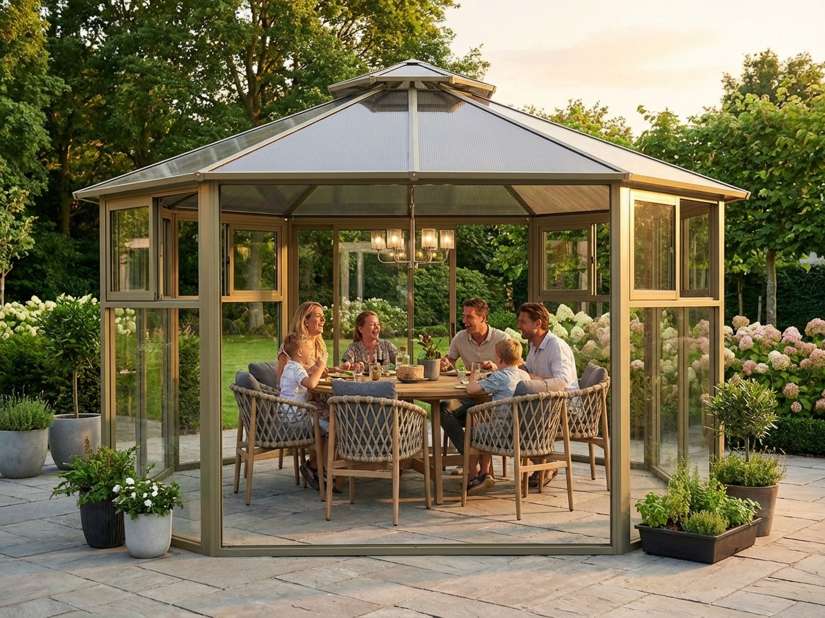 Octagonal gazebo in brass with aluminium frame, outdoor use - product detail