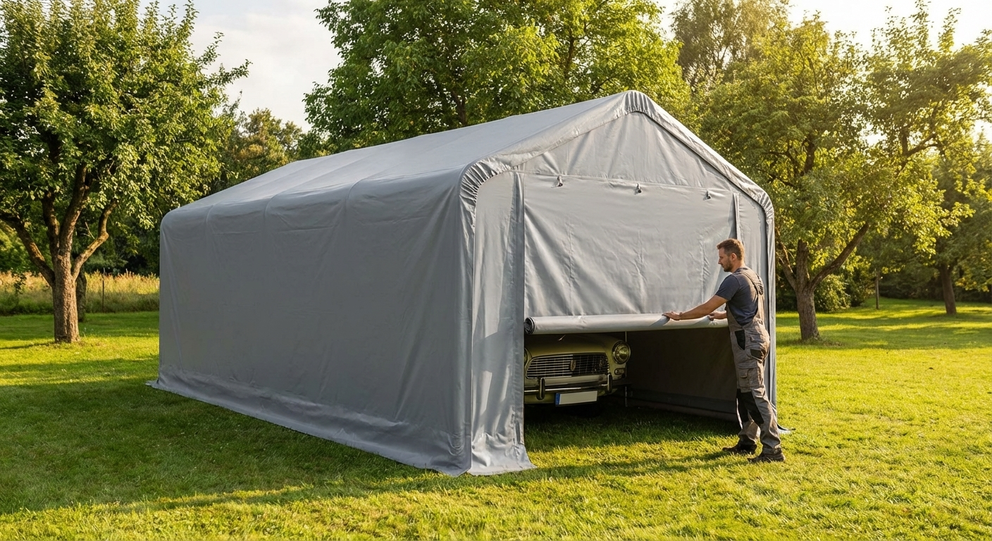 Portable garage with durable PVC and steel frame, grey colour