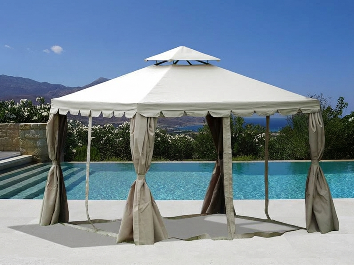 Sand coloured 4x4 m gazebo with steel frame for outdoor events