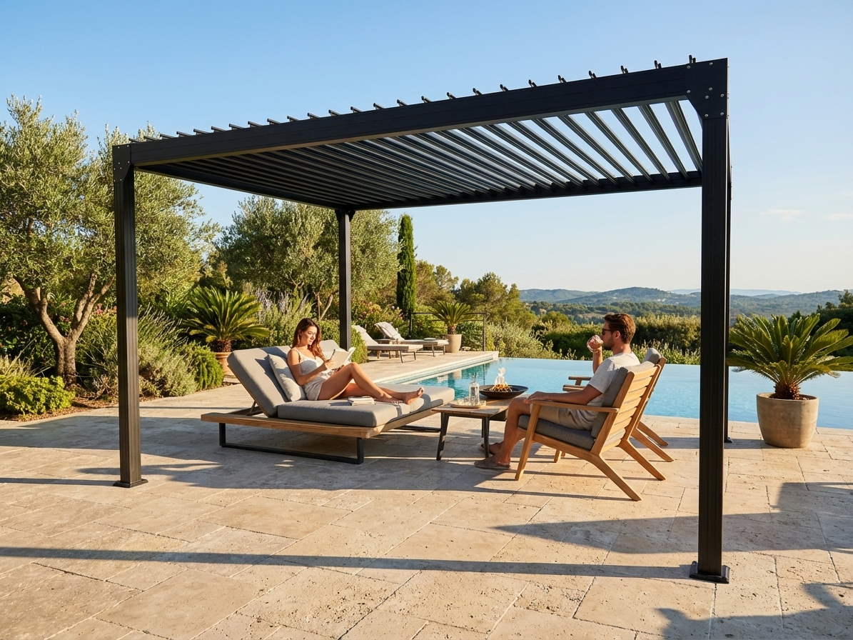 Bioclimatic pergola gazebo 3x4m black galvanised steel outdoor shelter