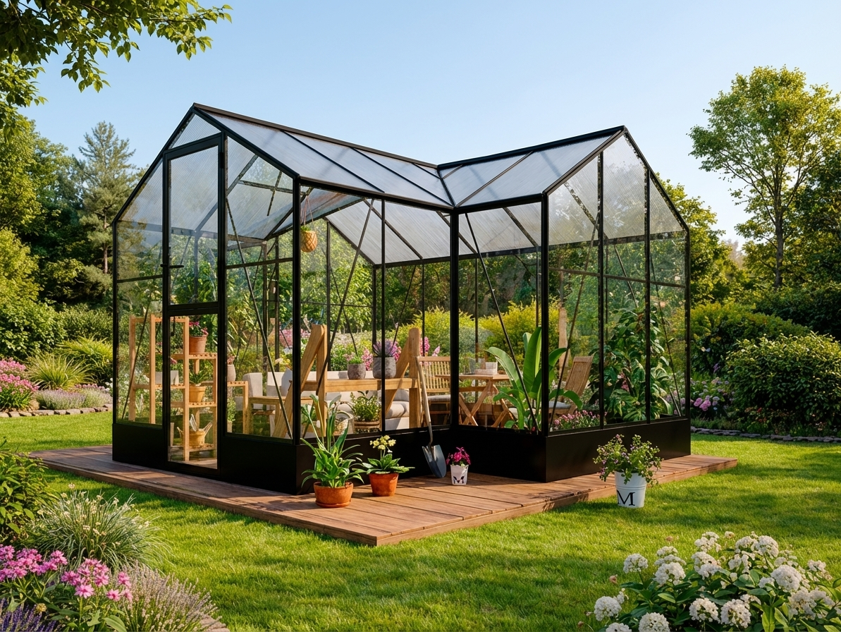 Polycarbonate greenhouse with black aluminium frame and tempered glass walls