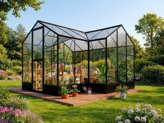 Polycarbonate greenhouse with black aluminium frame and tempered glass walls