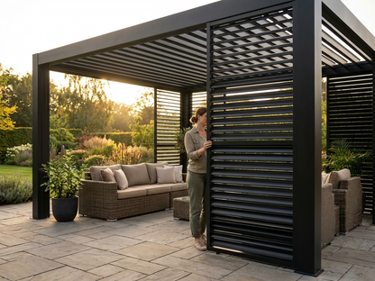 Aluminium louvre wall in black, designed for pergola accessory use - view 3